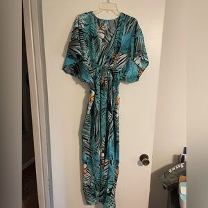 Cupshe Teal and Orange Leaf Print Maxi Dress
